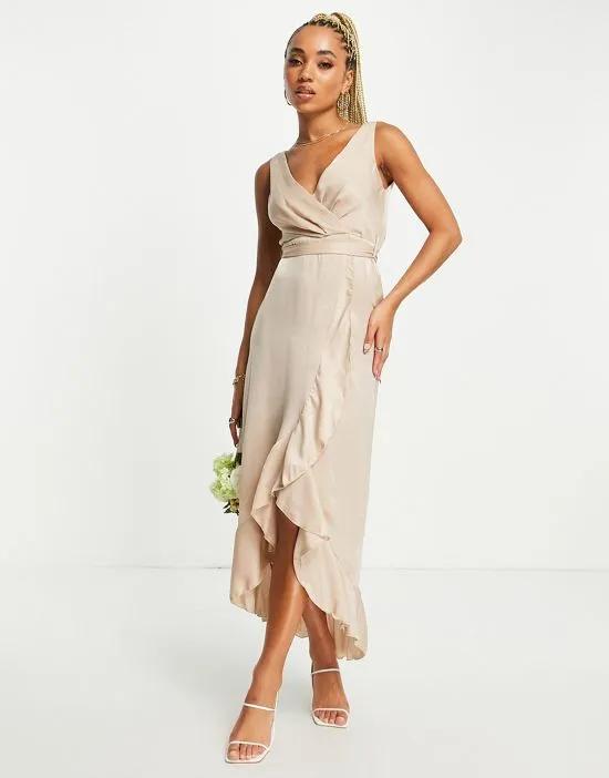 wrap satin midi dress with frill skirt detail in mink