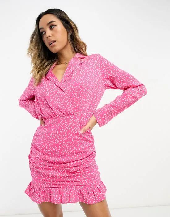 wrap shirt dress with ruched ruffle hem in pink spot print