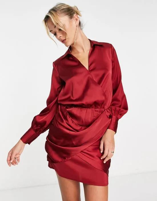 wrap shirt mini dress in red satin