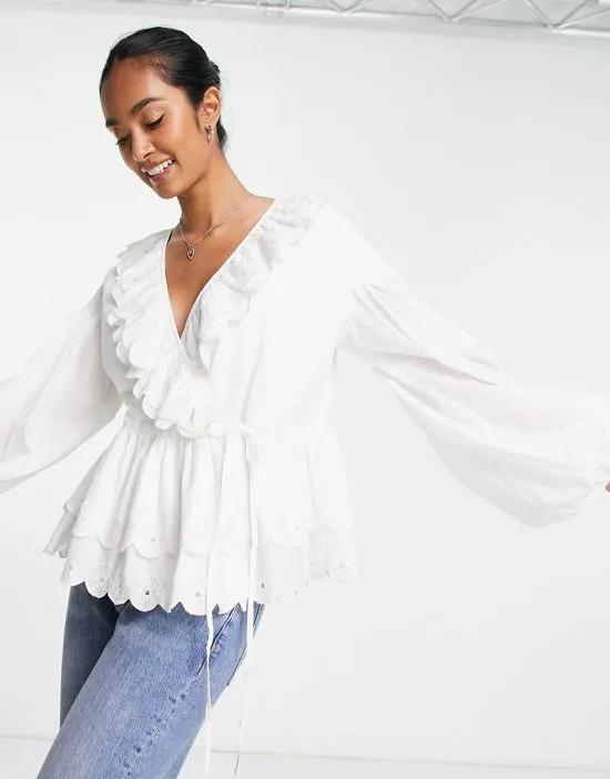 wrap smock top with broderie ruffle collar in white