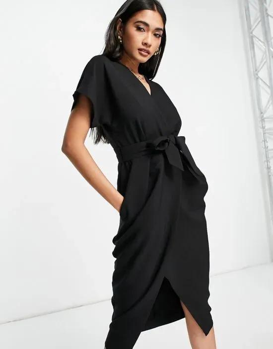 wrap tie midi dress in black