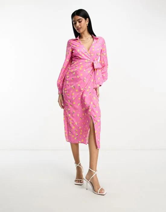 wrap tie side midi shirt dress in pink print
