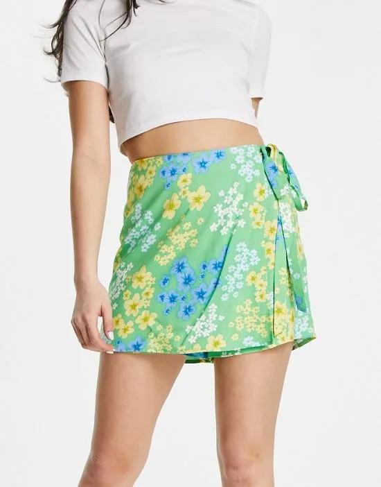 wrap tie skort in green meadow floral print