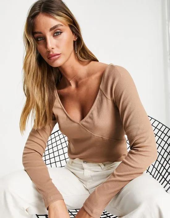 wrap top with long sleeves in camel