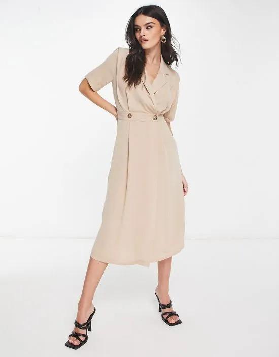 wrap tux midi dress with shoulder pads in stone