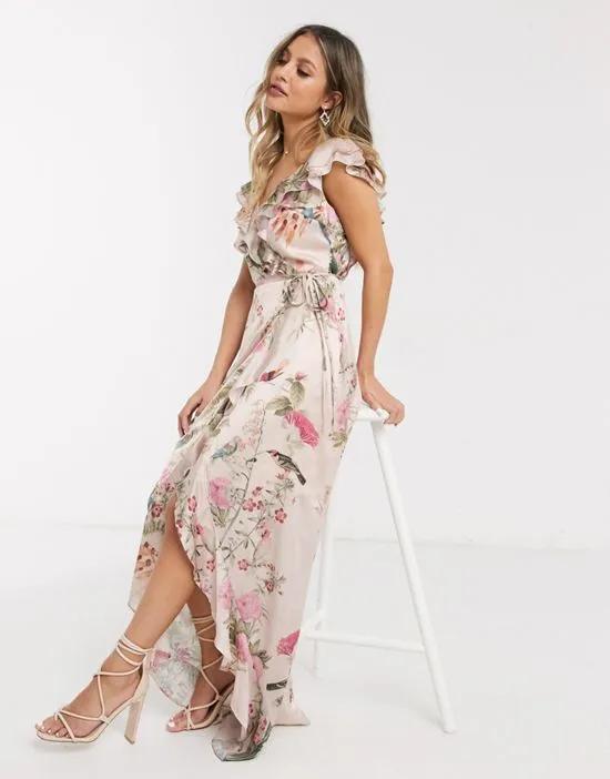 x Abbey Clancy wrap front ruffle midi dress in pink floral print