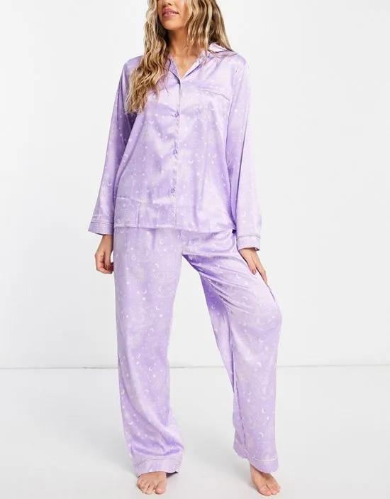 x Chelsea Peers satin long pajamas in lilac celestial print