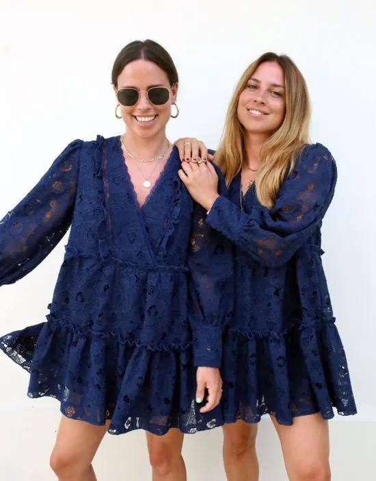 x Collyer Twins broderie plunge front mini dress in deep navy