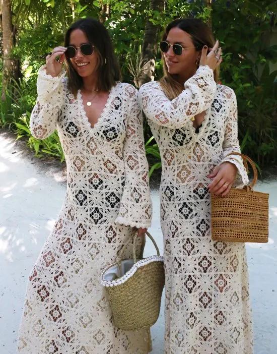 x Collyer Twins crochet deep v maxi dress in cream with scrunchie