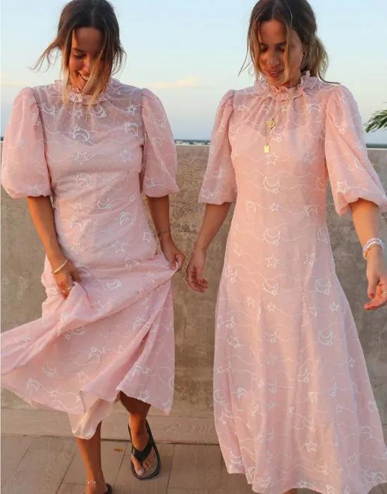 x Collyer Twins high neck midaxi dress with sheer embroidery in pale pink