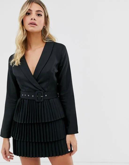 x Dani Dyer plunge front blazer dress with pleated skirt in black