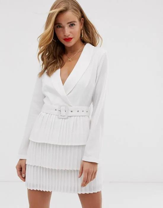 x Dani Dyer plunge front blazer dress with pleated skirt in white