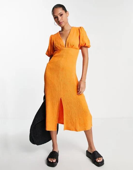 x Femmeblk puff sleeve midi dress in orange