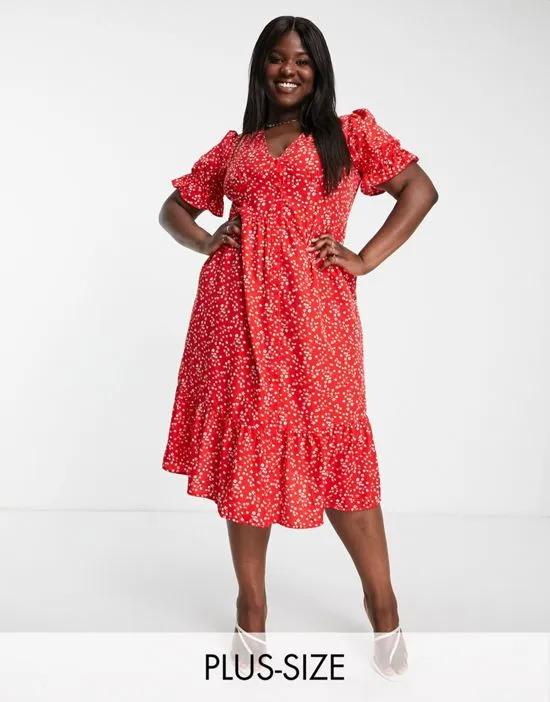 x Jac Jossa exclusive button through puff sleeve midi dress in red ditsy print