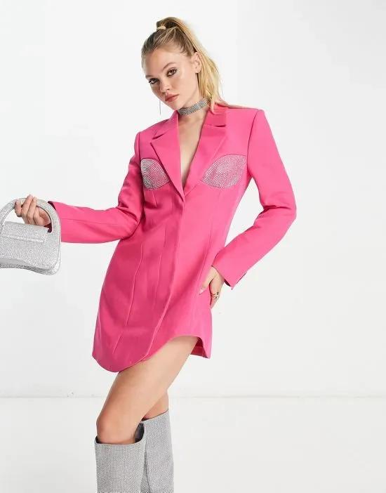 X Janka Pollani rhinestone detail blazer mini dress in pink