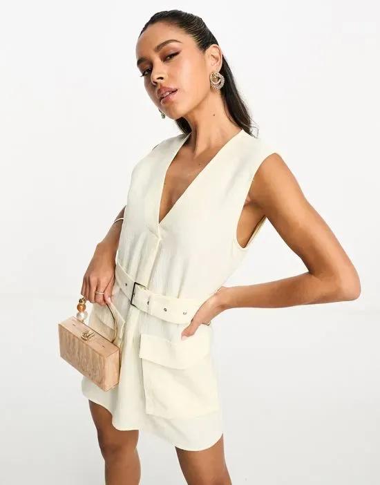 x Josefine HJ linen mix cargo sleeveless mini dress in off white