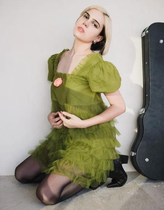 x Julia Cumming babydoll ruffle tiered mini dress in khaki green