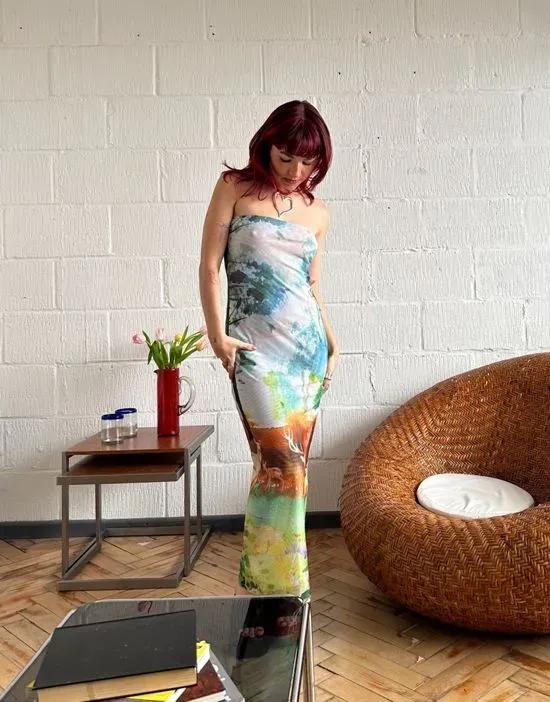 x Lara Adkins woodland print body-conscious bandeau maxi dress in multi
