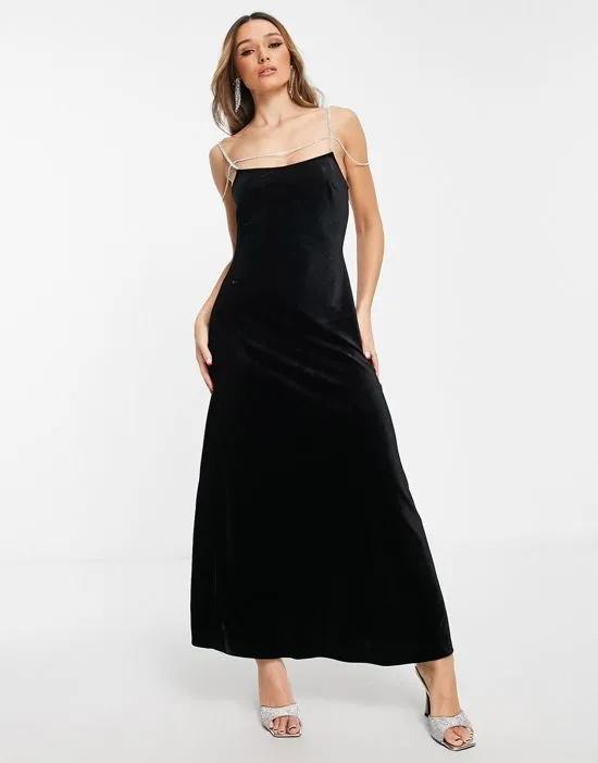 x Lovisa Barkman velvet maxi dress with diamante straps in black