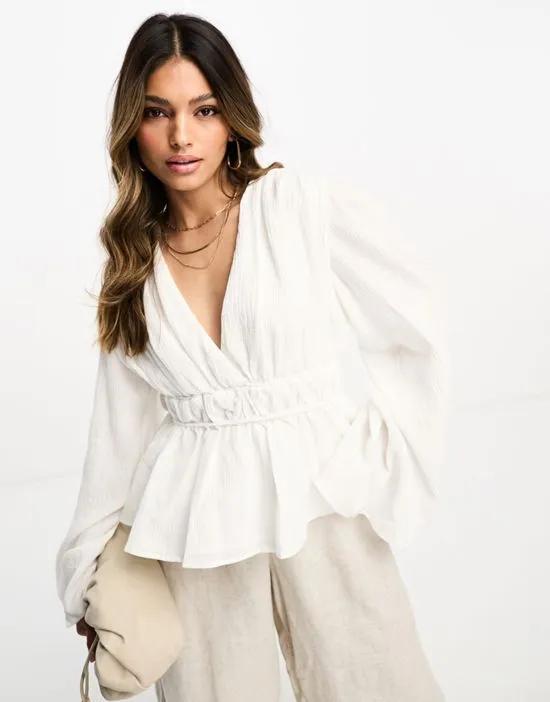 x Lydia Tomlinson wide sleeve volume blouse in off white