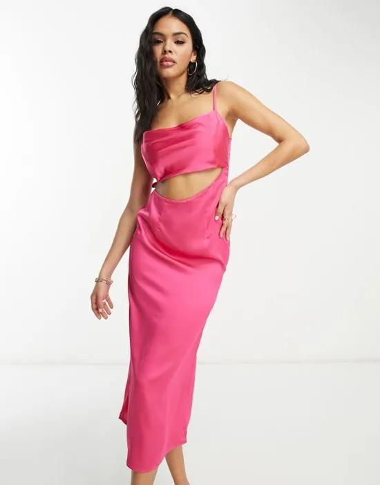 x Paris Artiste Exclusive satin cut out midi dress in bright pink