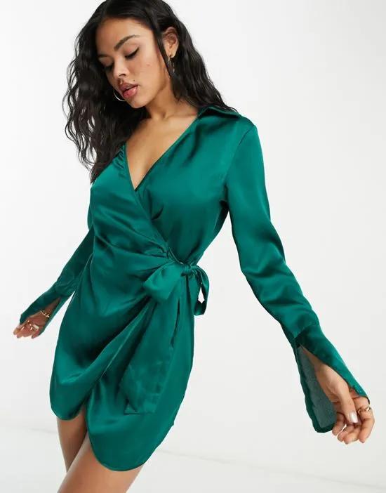 x Paris Artiste Exclusive satin wrap shirt dress with split sleeve detail in emerald green