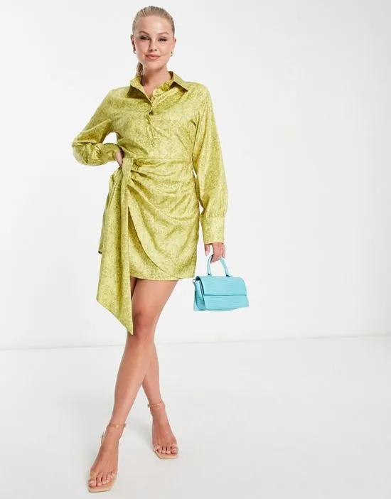 x Perrie Sian mini shirt dress with wrap detail in chartreuse animal print