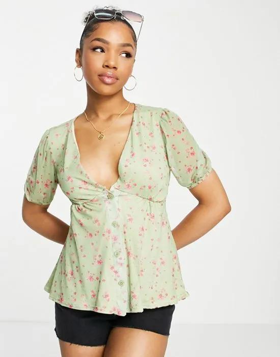 x Perrie Sian puff sleeve button front blouse in lime floral print