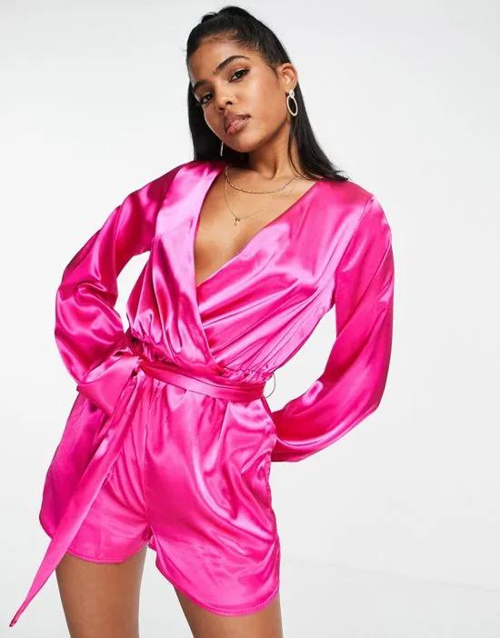 x Perrie Sian wrap front belted romper in pink