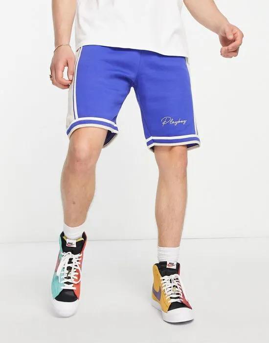 x Playboy jersey shorts in blue with off white side stripe