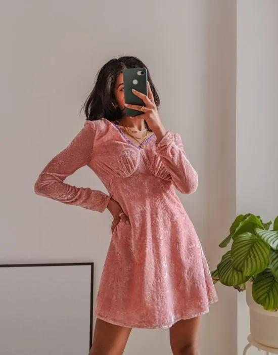 x Pose and Repeat long sleeve mini tea dress in pink burnout velvet