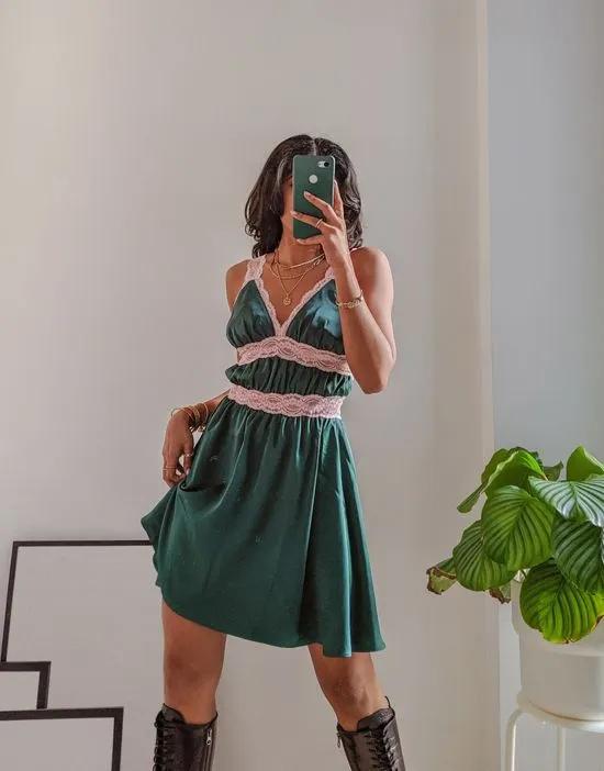 x Pose and Repeat satin cami mini dress with contrast lace in green satin
