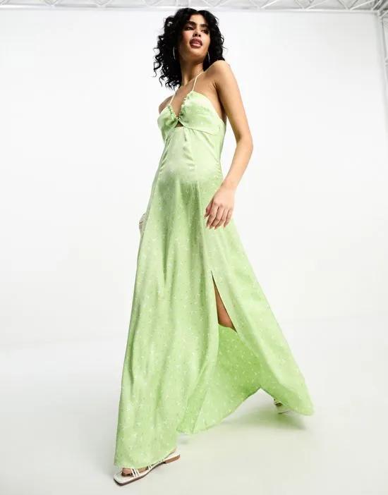 x Stephsa cut out front satin maxi dress in green flower print