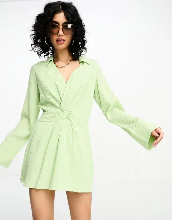 x Stephsa twist front linen mini shirt dress in green