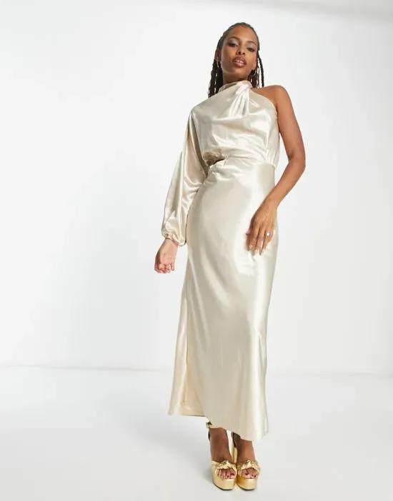 x Terrie Mcevoy satin one volume shoulder cut out maxi dress in champagne