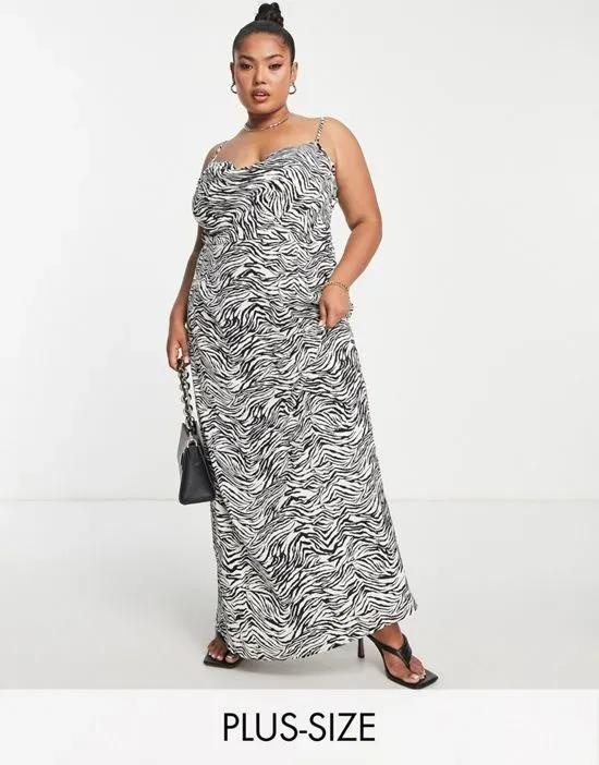 x Yasmin Devonport exclusive satin cowl front maxi dress in zebra print