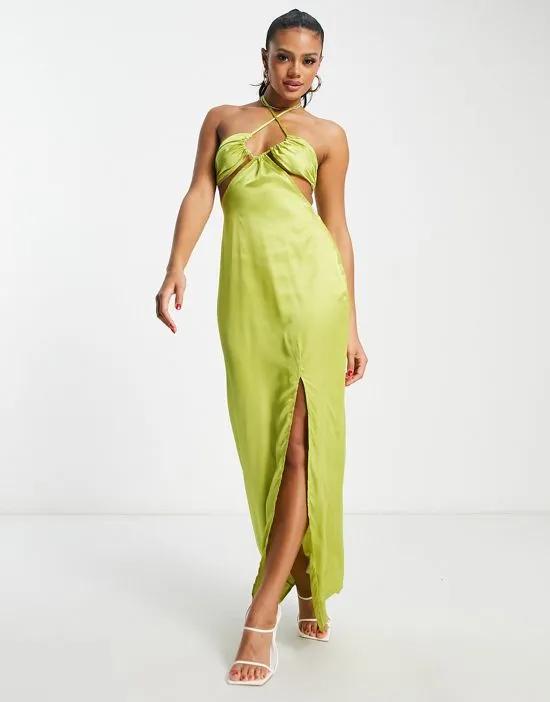 x Yasmin Devonport Exclusive satin cut-out ruched bust detail maxi dress in lime