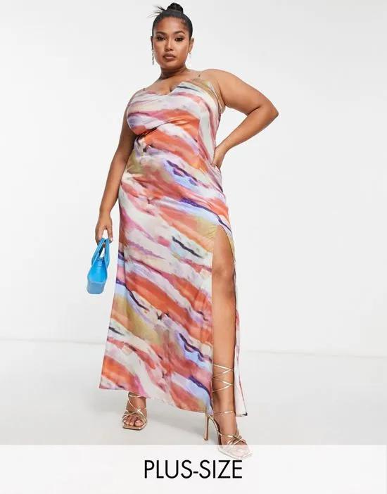 x Yasmin Devonport exclusive satin plunge front maxi dress in multi abstract print