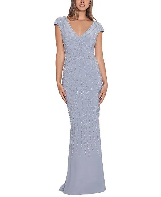 XSCAPE Beaded V-Neck Gown