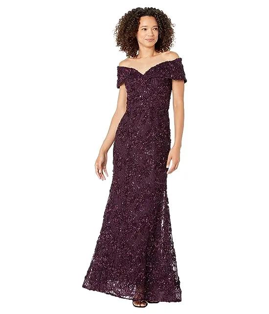 XSCAPE Long Off-the-Shoulder Lace Dress
