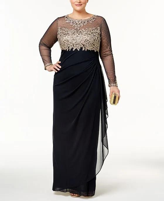 XSCAPE Plus Size Embroidered Illusion Gown