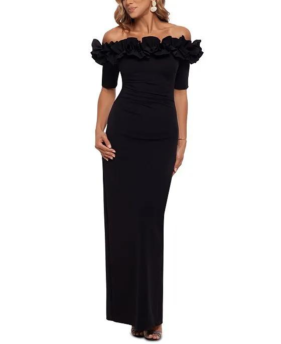 XSCAPE Ruffled Off-the-Shoulder Gown