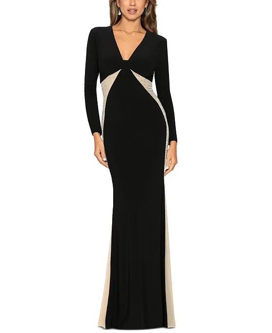XSCAPE Women's V-Neck Embellished Contrast-Inset Gown