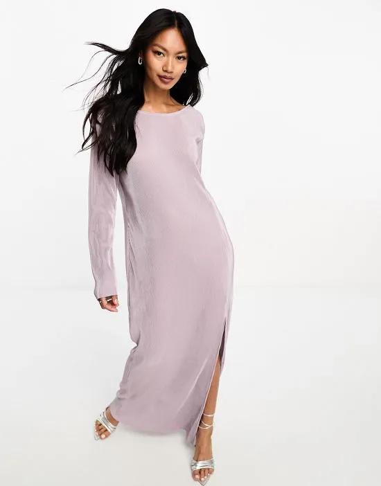 Y.a.s Bridesmaid plisse long sleeved maxi dress with split in lavender