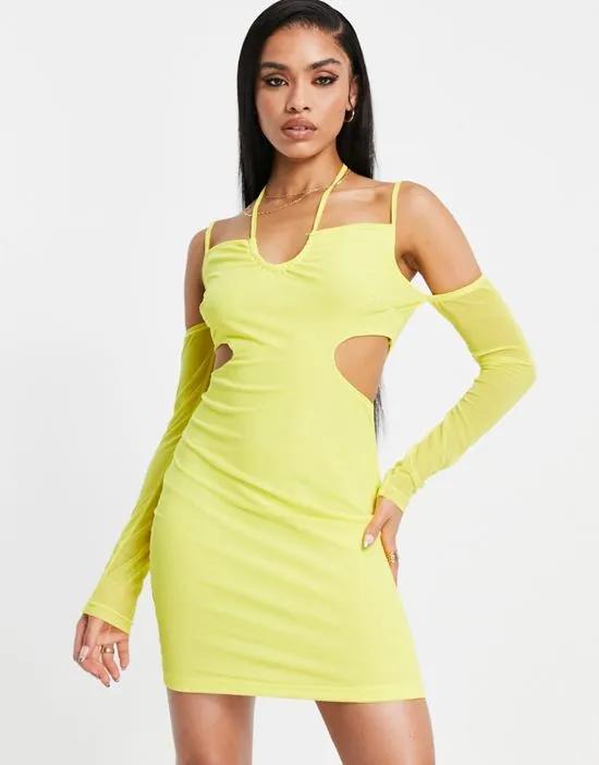 yellow mini dress with cut out detail and sleeves