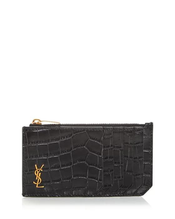 YSL Croc Embossed Leather Zip Card Case 