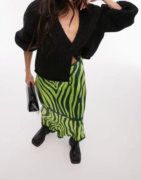 zebra print satin midi skirt in lime with black lace trim