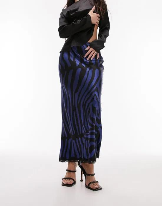 zebra print satin midi skirt in navy with black lace trim