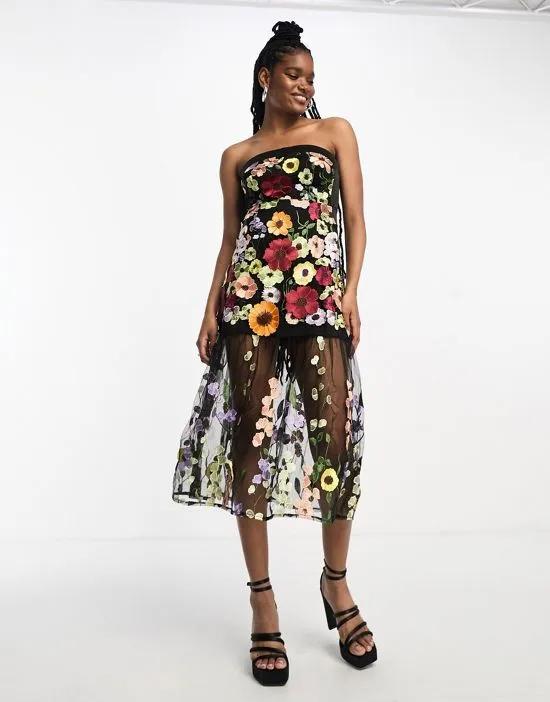 Zion bandeau maxi dress in black based floral embroidery