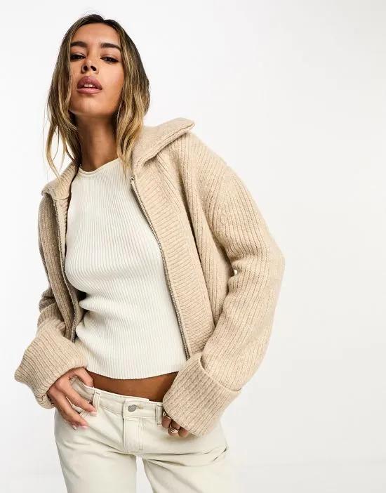 zip through cardigan with collar in stone